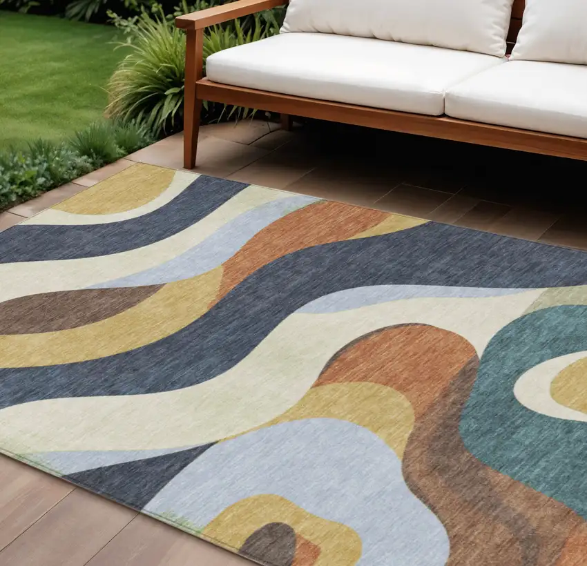 Gold Navy Blue And Ivory Abstract Washable Indoor Outdoor Area Rug Photo 2