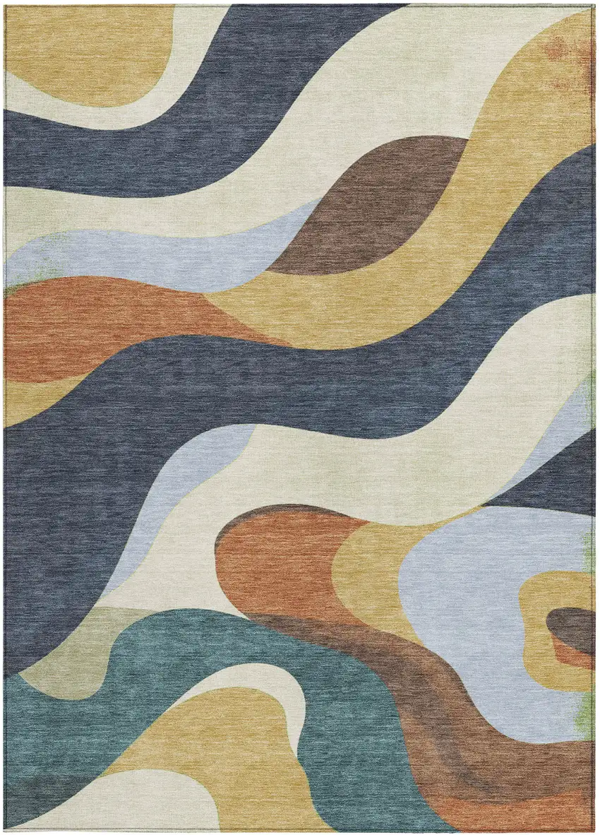 Gold Navy Blue And Ivory Abstract Washable Indoor Outdoor Area Rug Photo 4