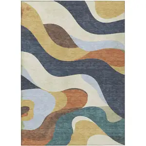 Photo of Gold Navy Blue And Ivory Abstract Washable Indoor Outdoor Area Rug