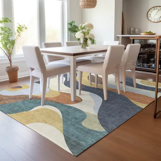 Gold Navy Blue And Ivory Abstract Washable Indoor Outdoor Area Rug Photo 7