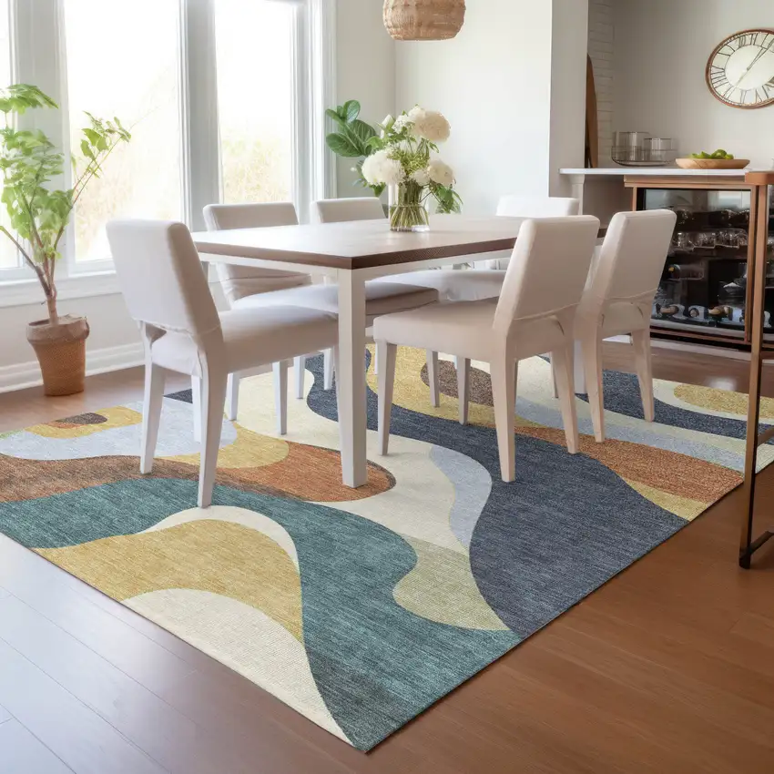 Gold Navy Blue And Ivory Abstract Washable Indoor Outdoor Area Rug Photo 7