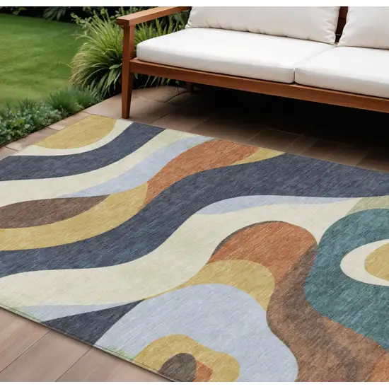 Gold Navy Blue And Ivory Abstract Washable Indoor Outdoor Area Rug Photo 2