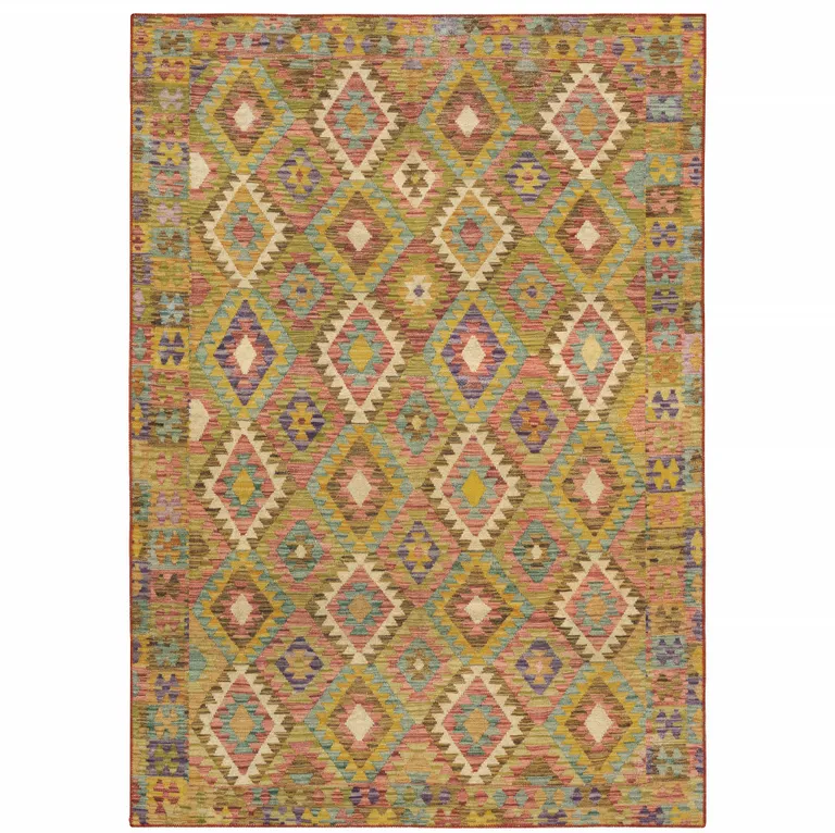 Gold Orange Brown Red Green Purple And Beige Southwestern Printed Stain Resistant Non Skid Area Rug Photo 3