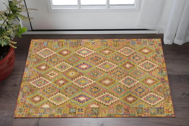 Gold Orange Brown Red Green Purple And Beige Southwestern Printed Stain Resistant Non Skid Area Rug Photo 2