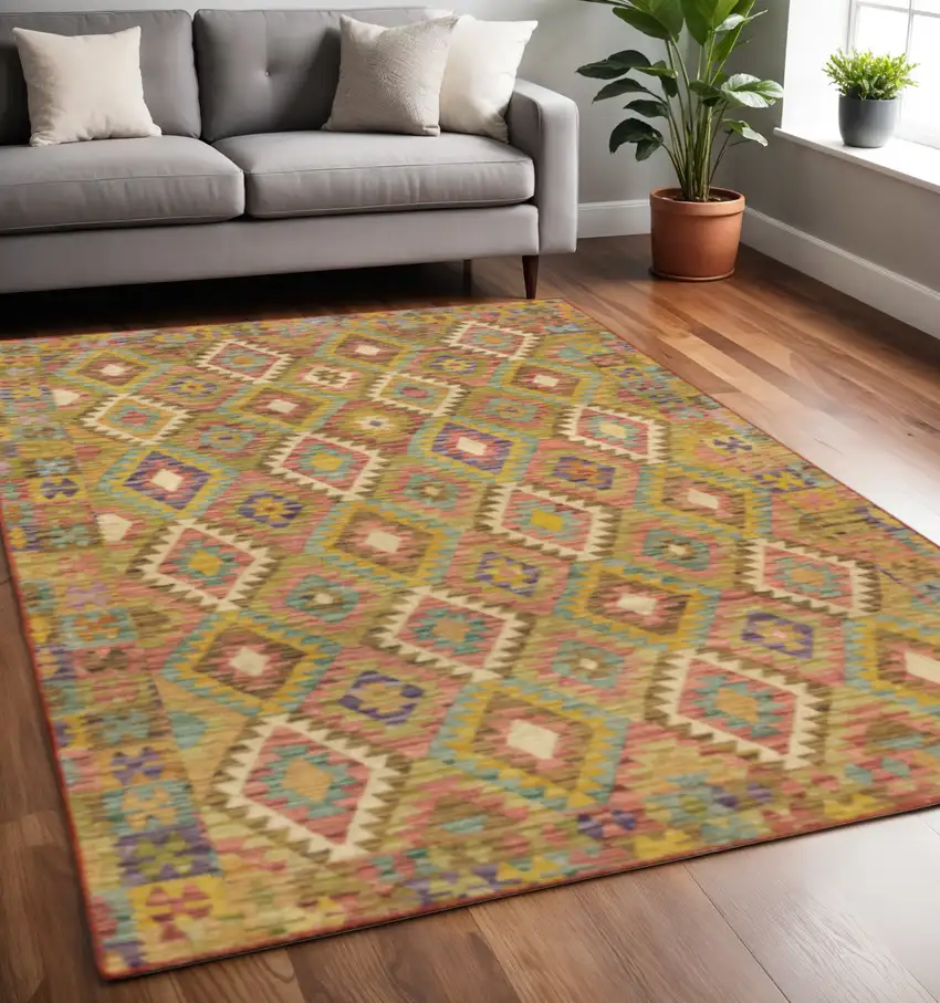 Gold Orange Brown Red Green Purple And Beige Southwestern Printed Stain Resistant Non Skid Area Rug Photo 1