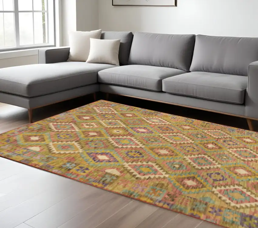 Gold Orange Brown Red Green Purple And Beige Southwestern Printed Stain Resistant Non Skid Area Rug Photo 1