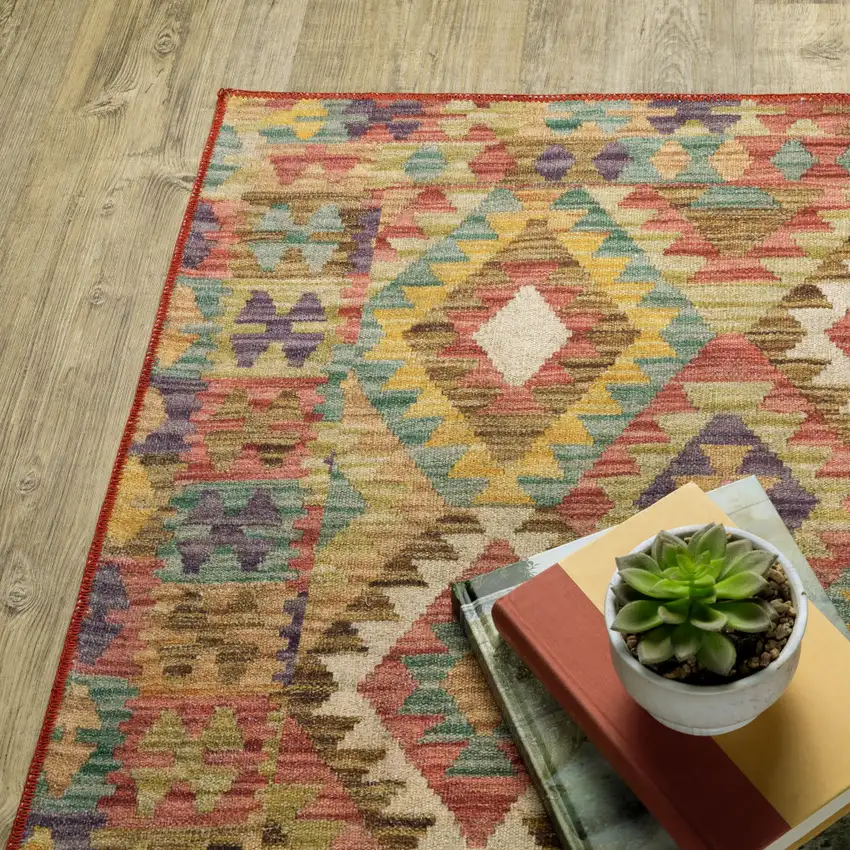 Gold Orange Brown Red Green Purple And Beige Southwestern Printed Stain Resistant Non Skid Runner Rug Photo 7