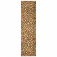 Photo of Gold Orange Brown Red Green Purple And Beige Southwestern Printed Stain Resistant Non Skid Runner Rug
