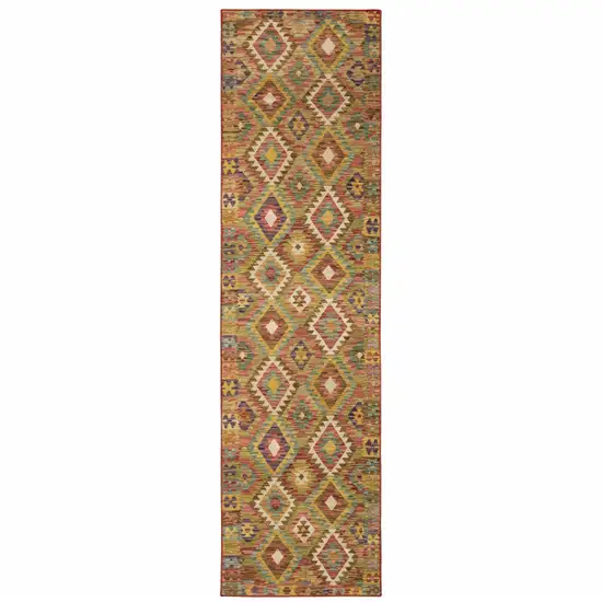 Gold Orange Brown Red Green Purple And Beige Southwestern Printed Stain Resistant Non Skid Runner Rug Photo 1