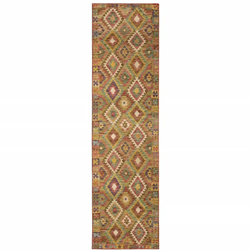 Gold Orange Brown Red Green Purple And Beige Southwestern Printed Stain Resistant Non Skid Runner Rug Photo 1