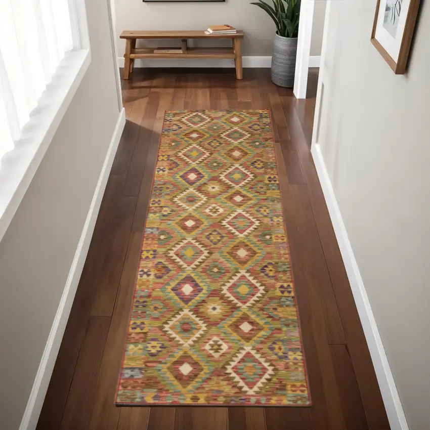 Gold Orange Brown Red Green Purple And Beige Southwestern Printed Stain Resistant Non Skid Runner Rug Photo 1