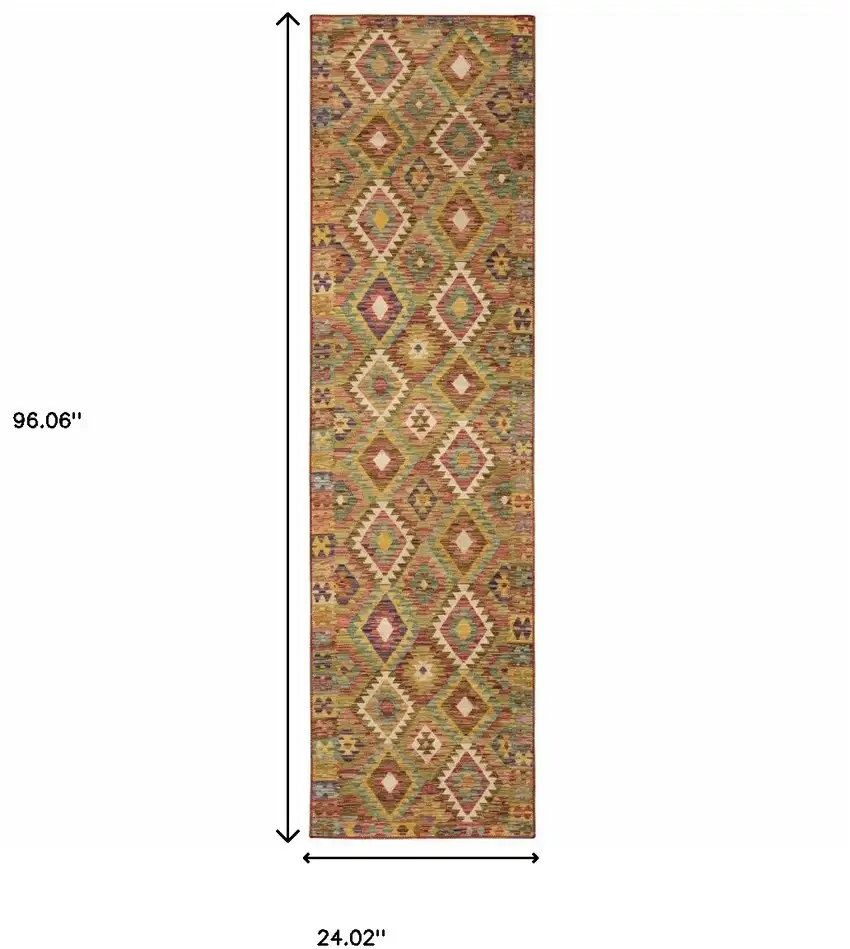 Gold Orange Brown Red Green Purple And Beige Southwestern Printed Stain Resistant Non Skid Runner Rug Photo 3