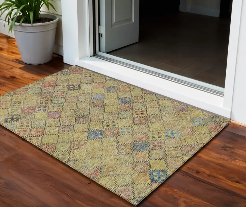 Gold Pink And Blue Geometric Washable Indoor Outdoor Area Rug Photo 1