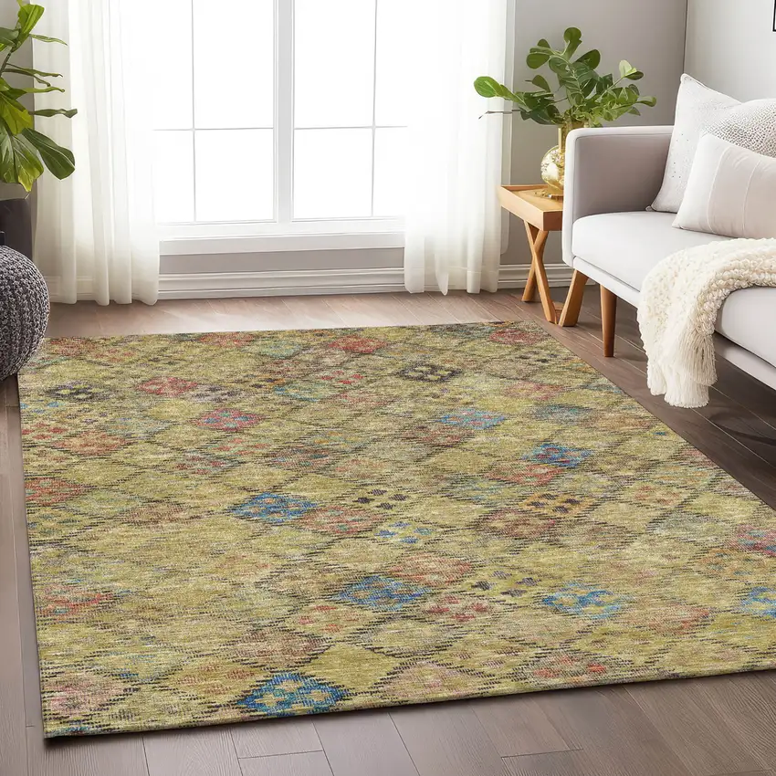 Gold Pink And Blue Geometric Washable Indoor Outdoor Area Rug Photo 9