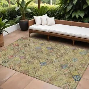 Photo of Gold Pink And Blue Geometric Washable Indoor Outdoor Area Rug