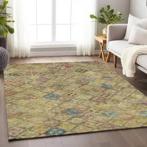 Photo of Gold Pink And Blue Geometric Washable Indoor Outdoor Area Rug