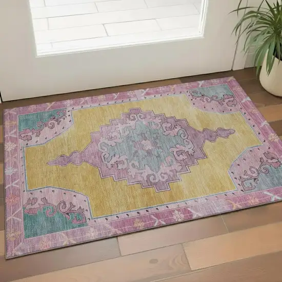 Gold Pink And Teal Oriental Washable Area Rug With UV Protection Photo 2