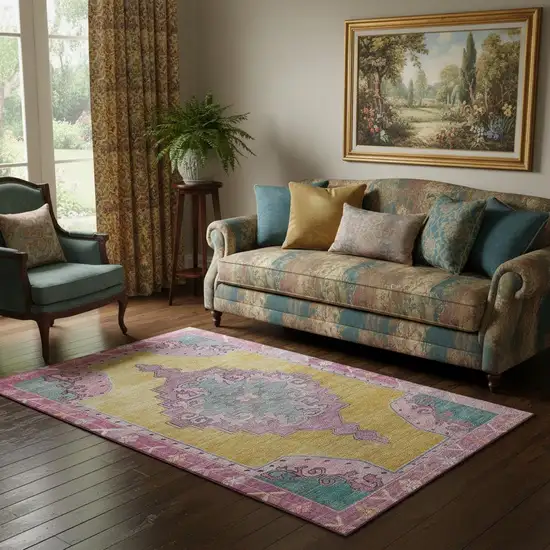 Gold Pink And Teal Oriental Washable Area Rug With UV Protection Photo 2