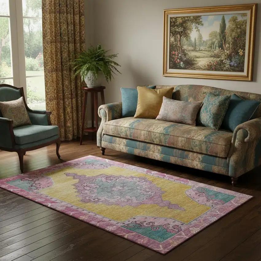 Gold Pink And Teal Oriental Washable Area Rug With UV Protection Photo 2