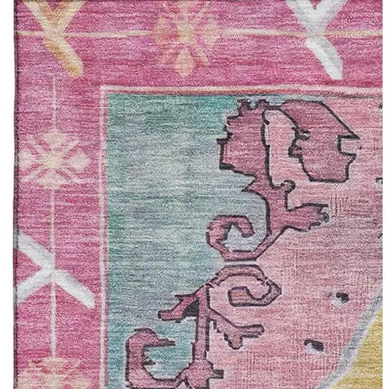 Gold Pink And Teal Oriental Washable Area Rug With UV Protection Photo 3