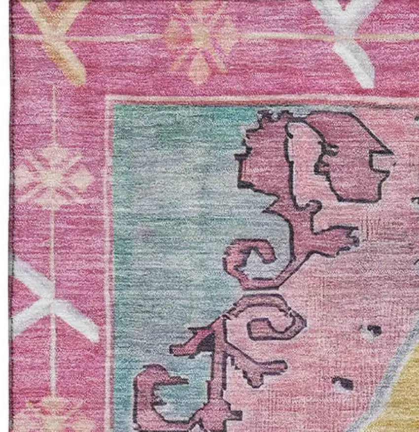 Gold Pink And Teal Oriental Washable Area Rug With UV Protection Photo 3