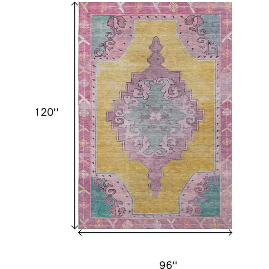 Gold Pink And Teal Oriental Washable Area Rug With UV Protection Photo 9