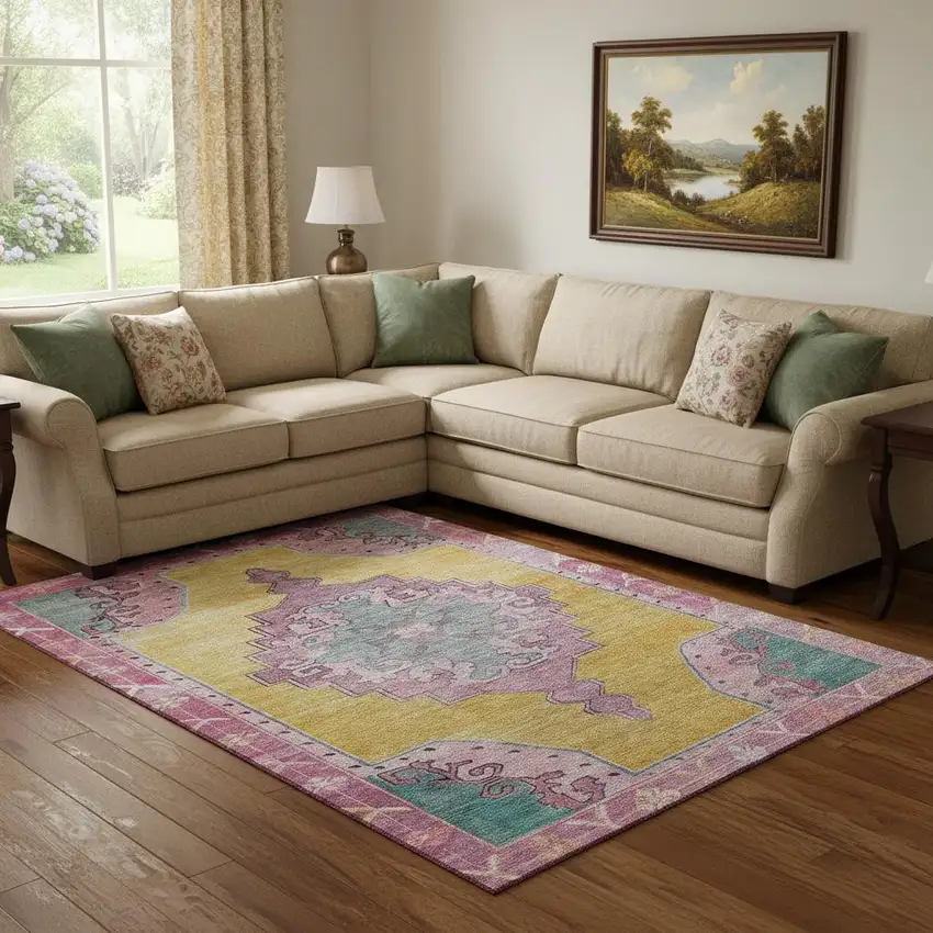 Gold Pink And Teal Oriental Washable Area Rug With UV Protection Photo 2