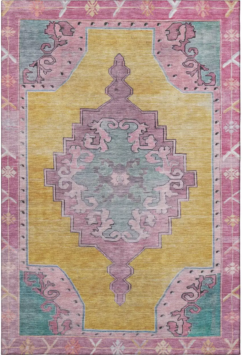 Gold Pink And Teal Oriental Washable Area Rug With UV Protection Photo 3