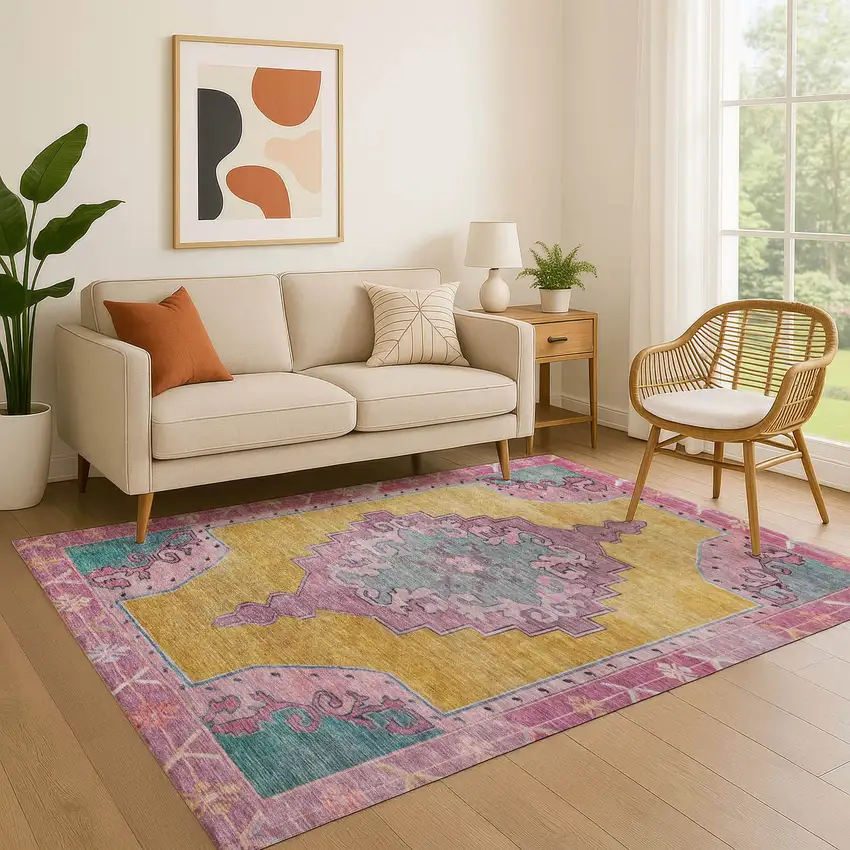 Gold Pink And Teal Oriental Washable Area Rug With UV Protection Photo 4