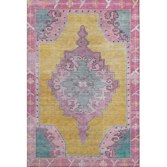 Gold Pink And Teal Oriental Washable Area Rug With UV Protection Photo 3