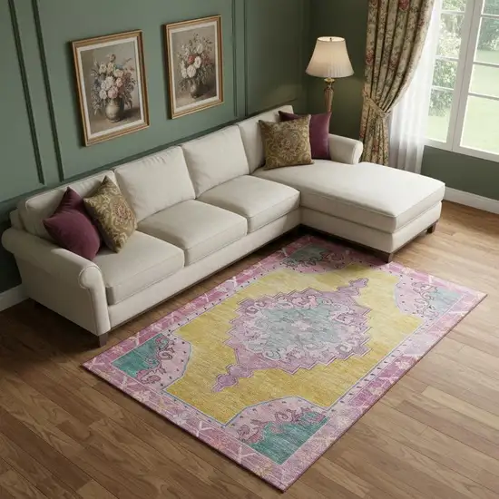 Gold Pink And Teal Oriental Washable Area Rug With UV Protection Photo 2