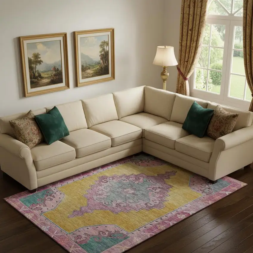 Gold Pink And Teal Oriental Washable Area Rug With UV Protection Photo 2