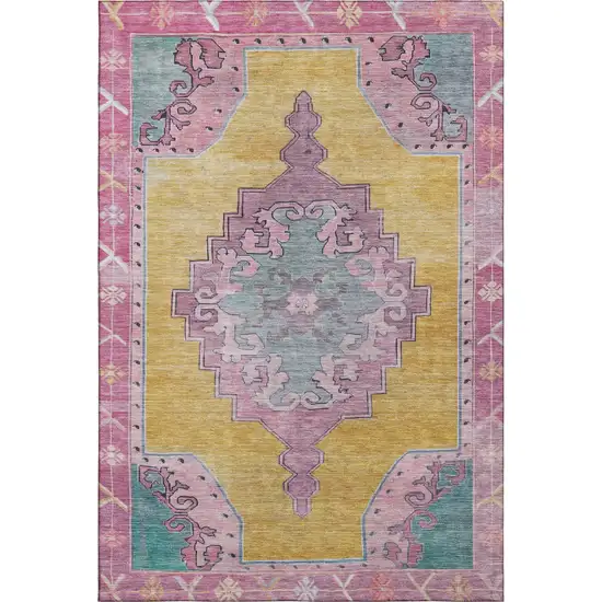 Gold Pink And Teal Oriental Washable Area Rug With UV Protection Photo 1