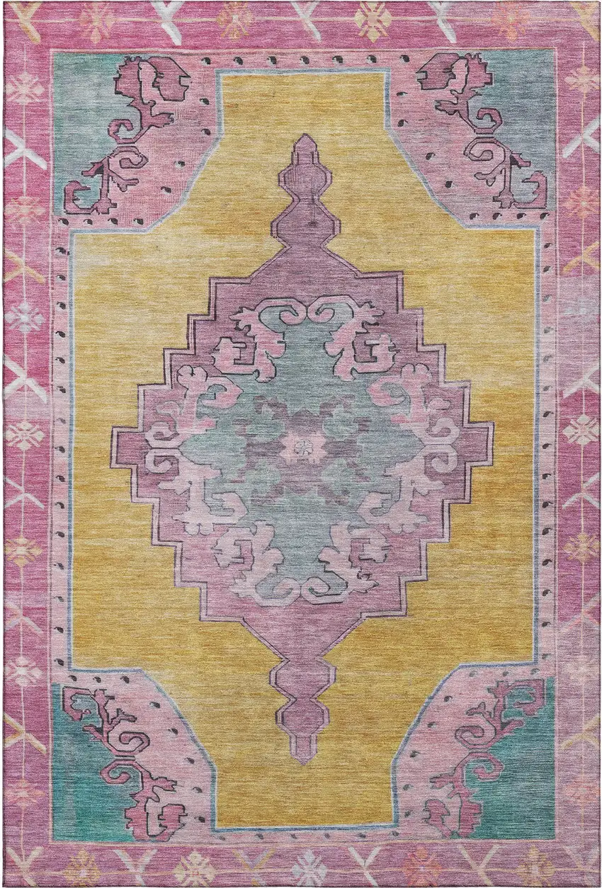 Gold Pink And Teal Oriental Washable Area Rug With UV Protection Photo 1