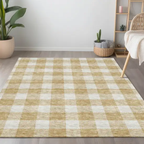 Gold Plaid Washable Indoor Outdoor Area Rug Photo 9