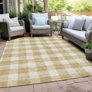 Photo of Gold Plaid Washable Indoor Outdoor Area Rug