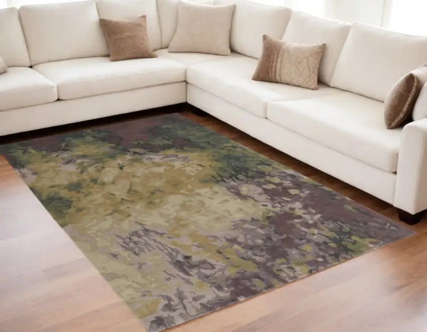 Gold Purple And Green Wool Abstract Tufted Handmade Stain Resistant Area Rug Photo 2
