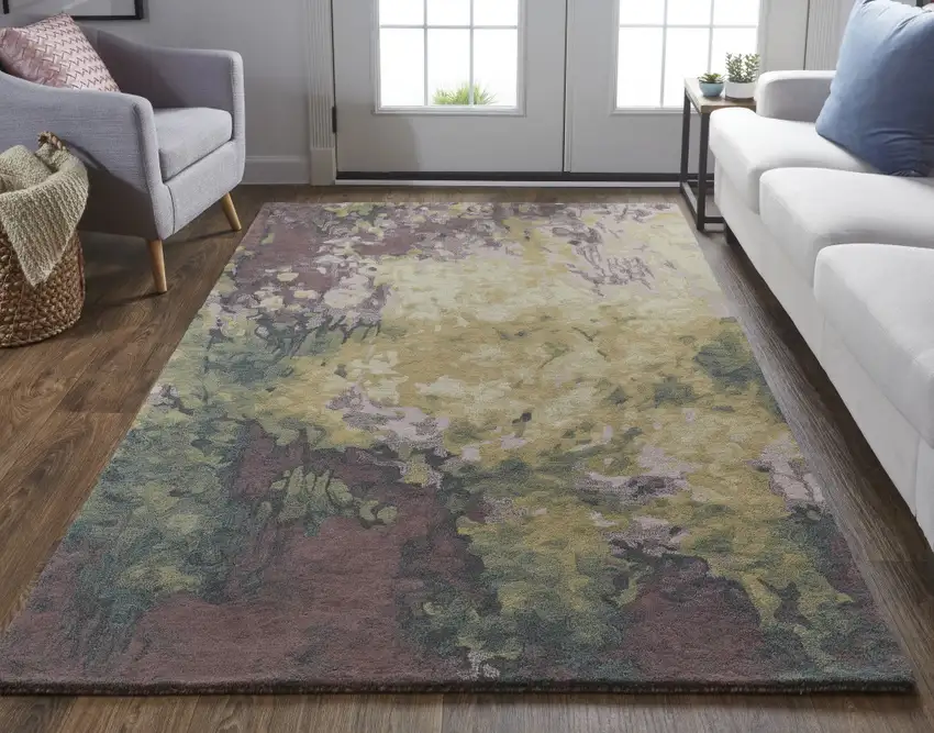 Gold Purple And Green Wool Abstract Tufted Handmade Stain Resistant Area Rug Photo 6