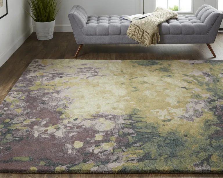 Gold Purple And Green Wool Abstract Tufted Handmade Stain Resistant Area Rug Photo 1