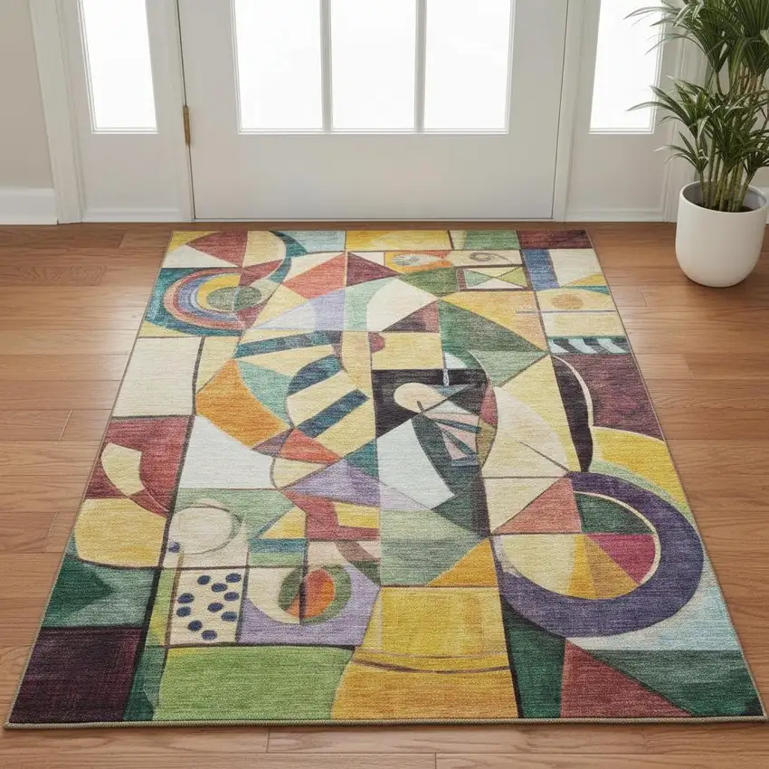 Gold Purple And Ivory Abstract Washable Area Rug With UV Protection Photo 2