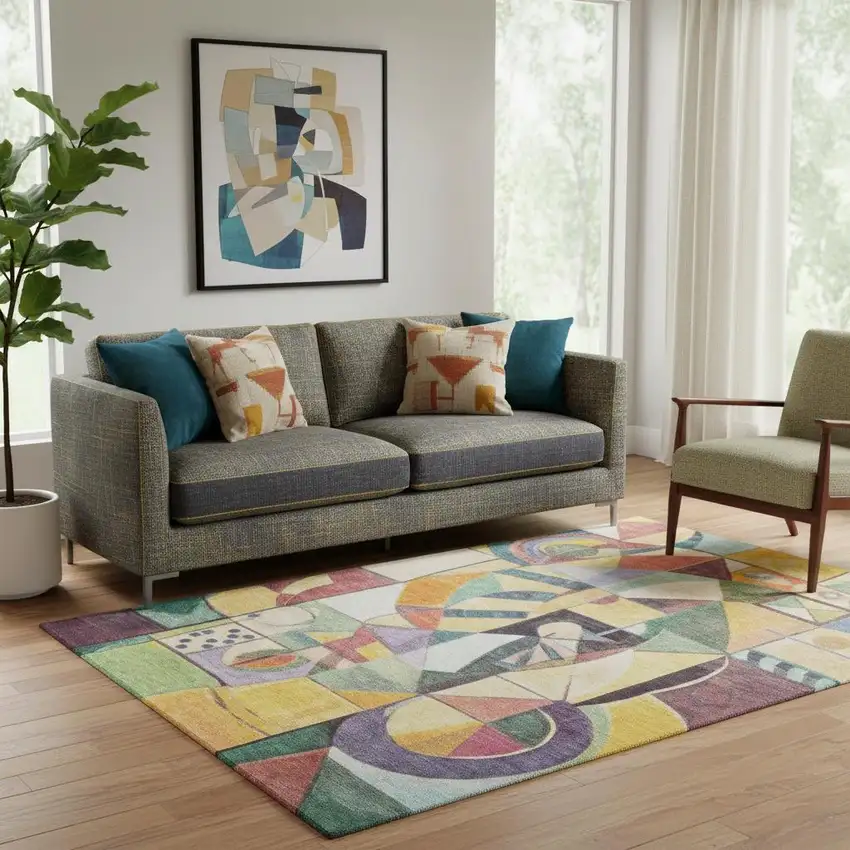 Gold Purple And Ivory Abstract Washable Area Rug With UV Protection Photo 2