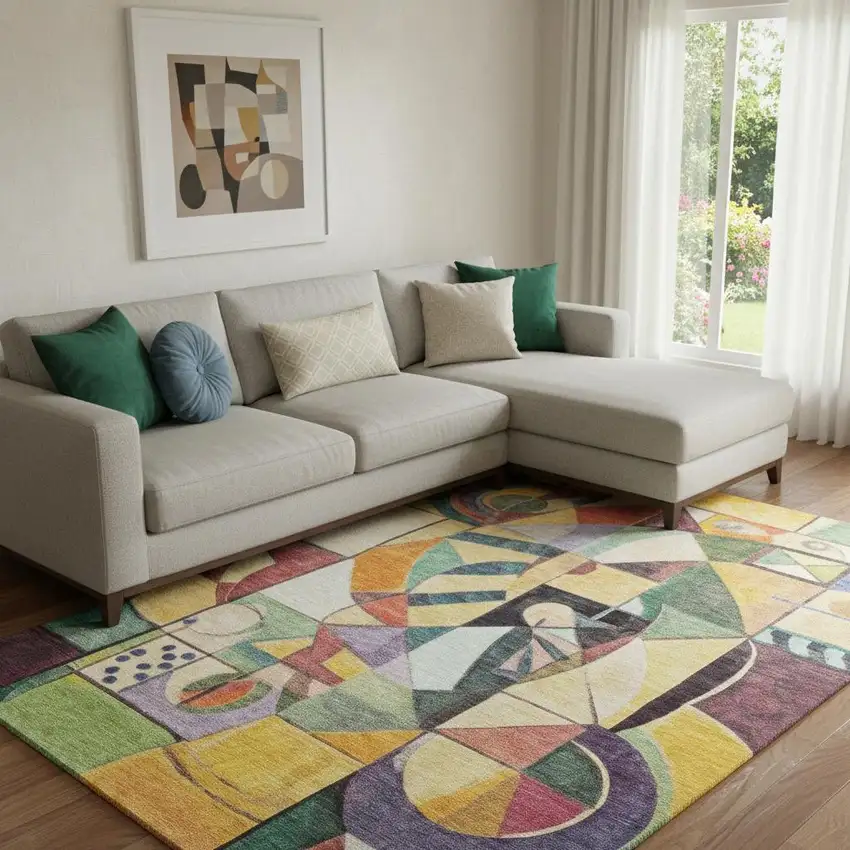 Gold Purple And Ivory Abstract Washable Area Rug With UV Protection Photo 2