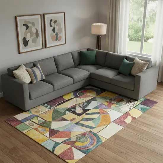 Gold Purple And Ivory Abstract Washable Area Rug With UV Protection Photo 2