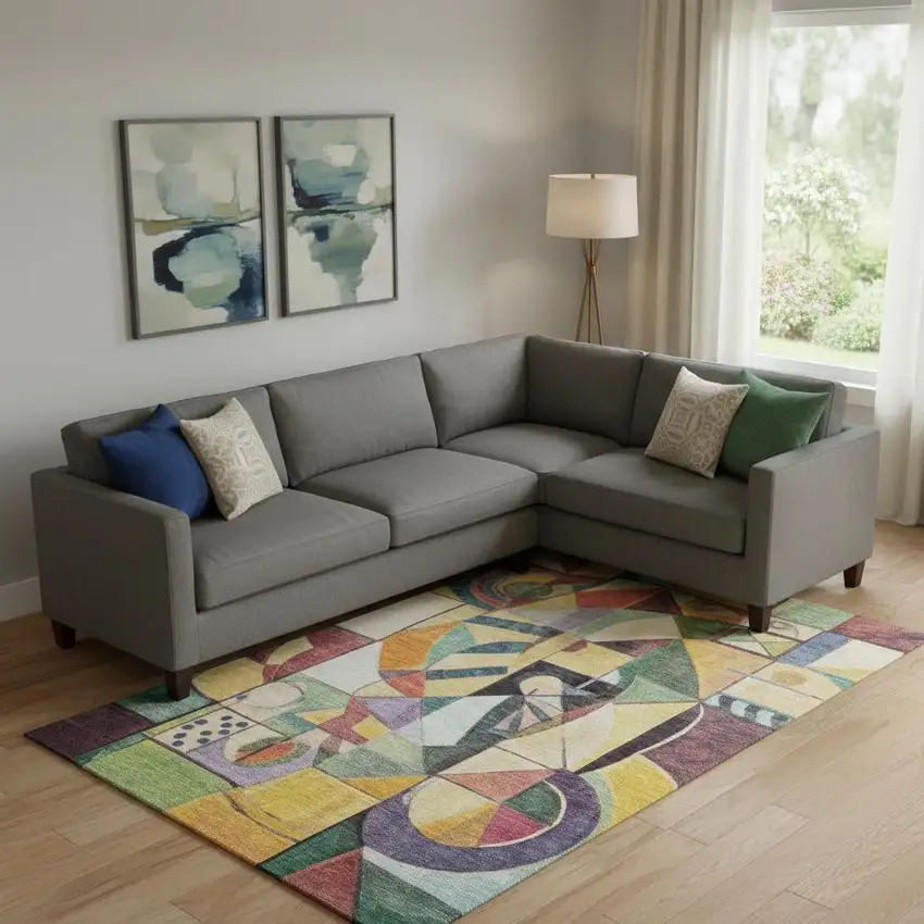 Gold Purple And Ivory Abstract Washable Area Rug With UV Protection Photo 2