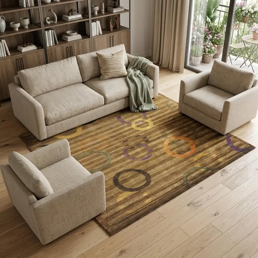 Gold Purple And Orange Striped Hand Knotted Area Rug Photo 1