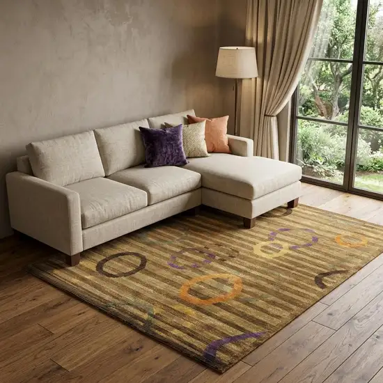 Gold Purple And Orange Striped Hand Knotted Area Rug Photo 1