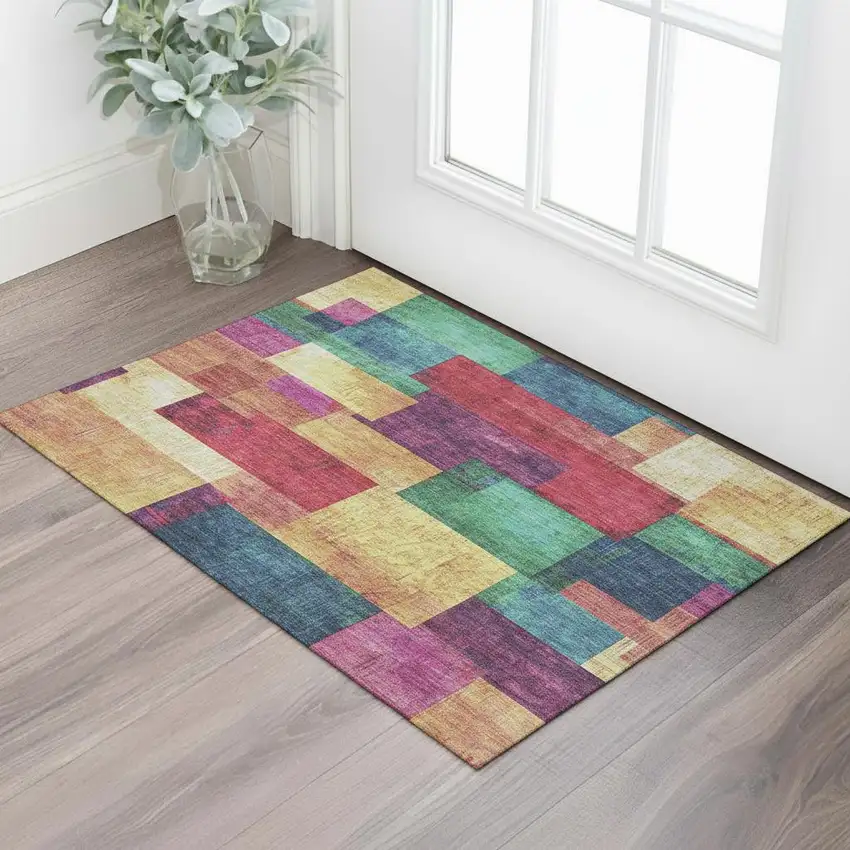 Gold Purple And Red Geometric Washable Area Rug With UV Protection Photo 2