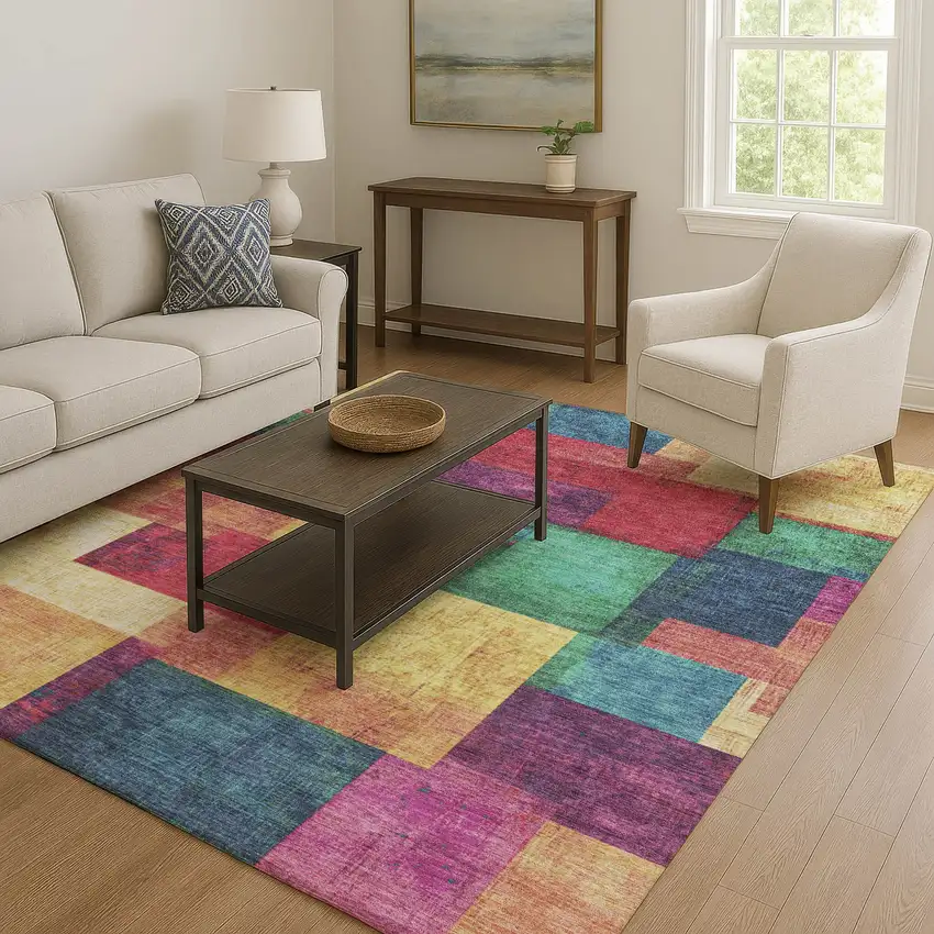 Gold Purple And Red Geometric Washable Area Rug With UV Protection Photo 6