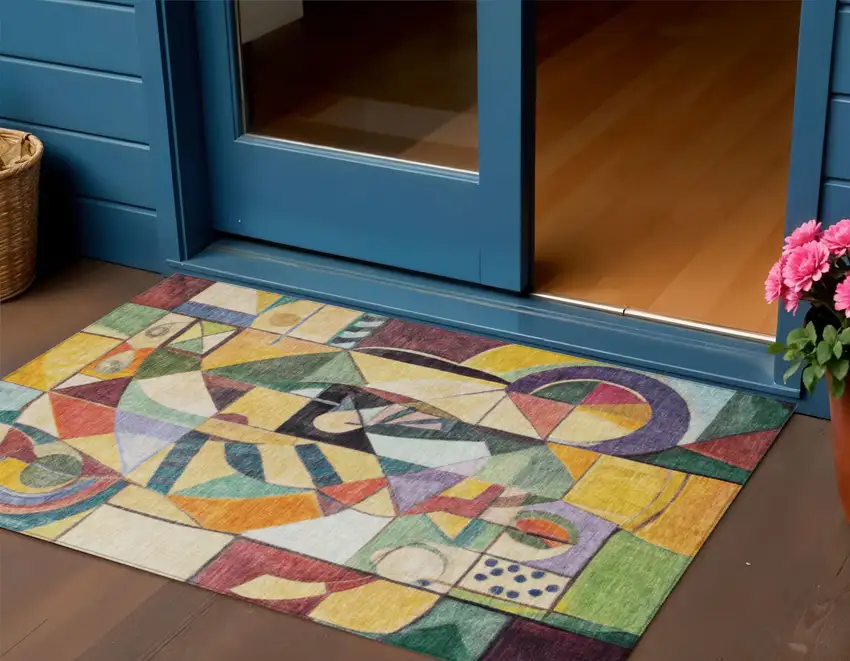 Gold Purple Orange And Blue Abstract Washable Indoor Outdoor Area Rug Photo 2