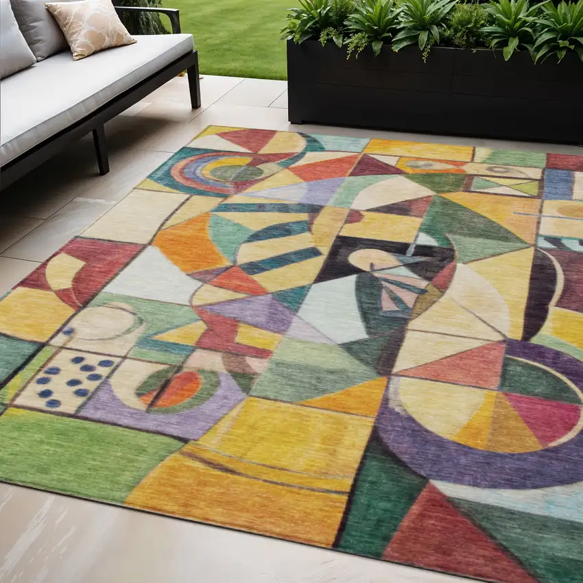 Gold Purple Orange And Blue Abstract Washable Indoor Outdoor Area Rug Photo 2
